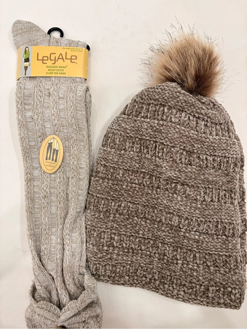 BearPaw Brown Beanie and Brown Over The Knee Boot Socks Bundle